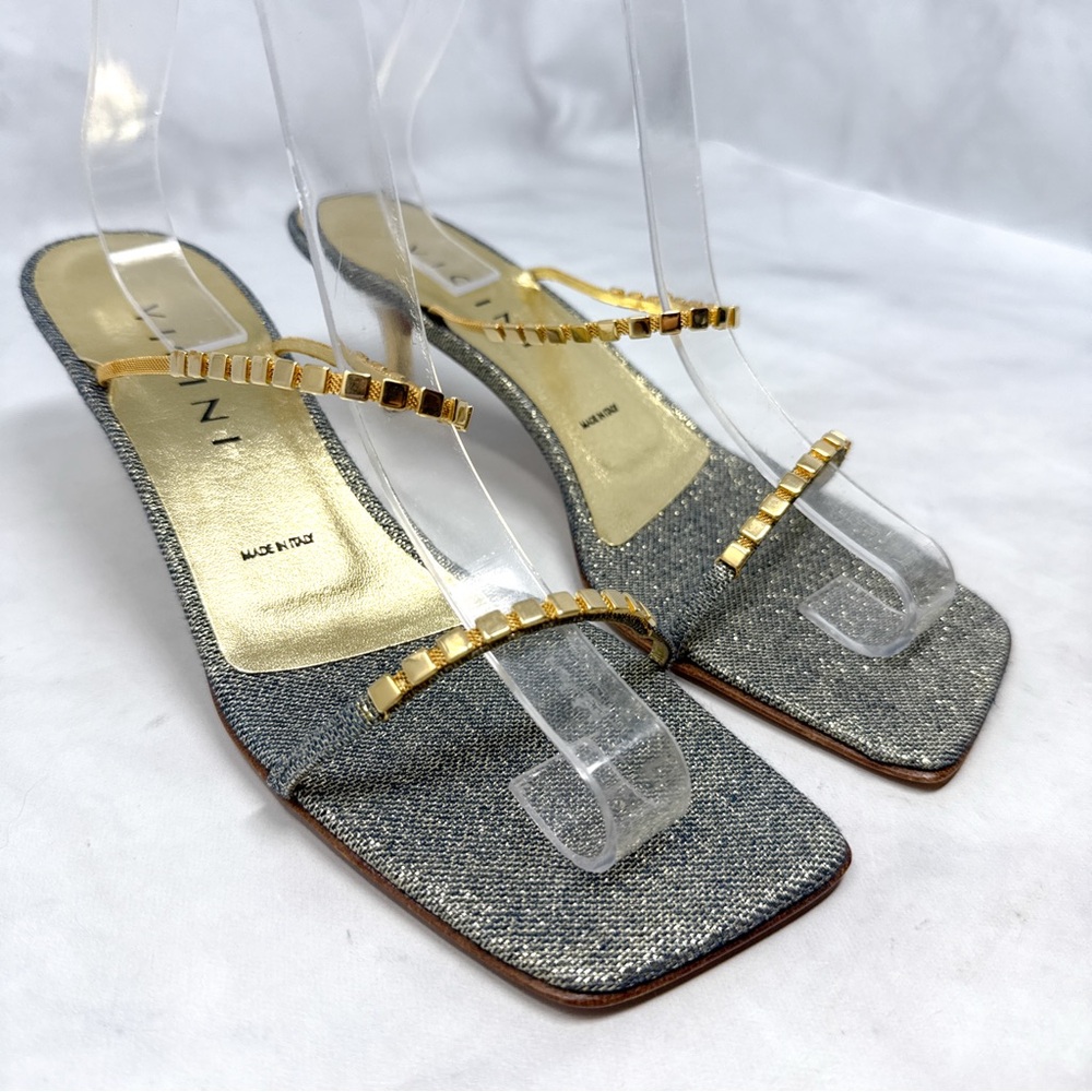 NEW Vicini by Giuseppe Zanotti Glitter Denim Low Kitten Heel Mule Sandal Gold 40 - Picture 5 of 16
